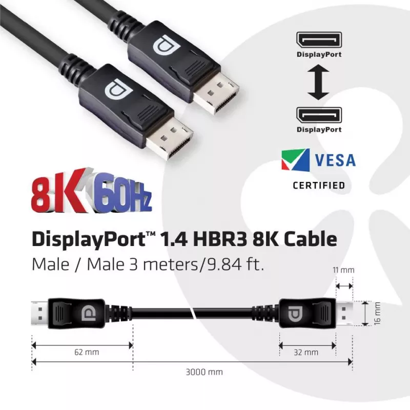 CLUB3D DisplayPort 1.4 HBR3 kabelis 8K 28AWG M/M 3m /9,84ft