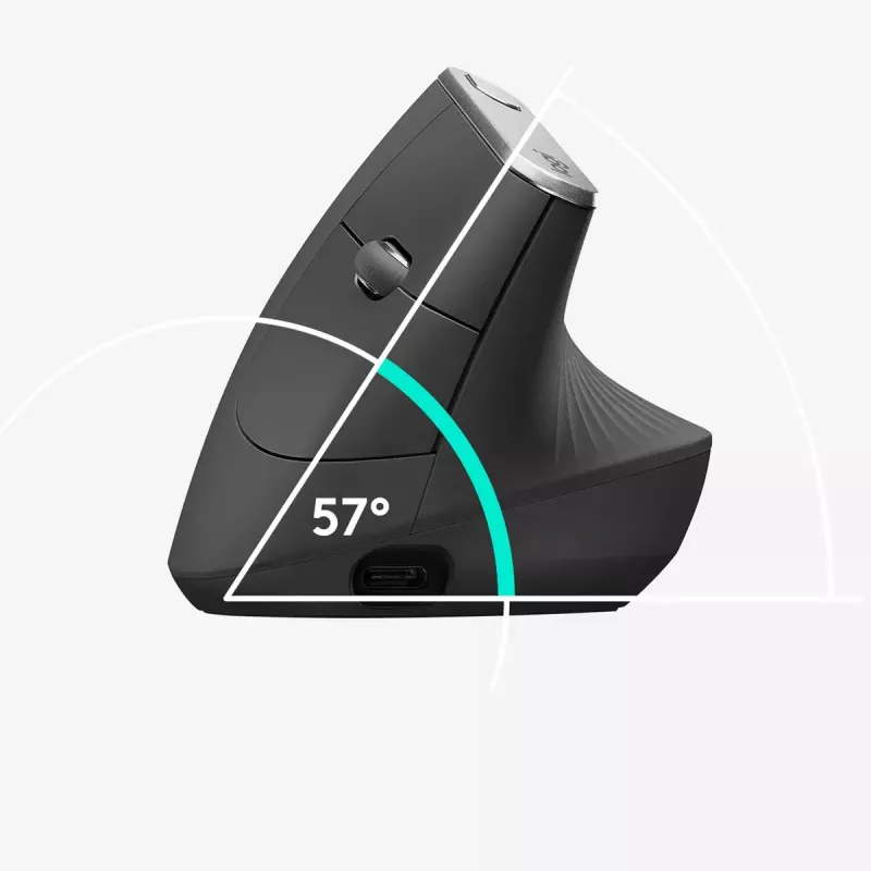 Ergonominė belaidė pelė Logitech MX Vertical, 4000 DPI, RF belaidis + Bluetooth, dešinei rankai, grafitas, biurui