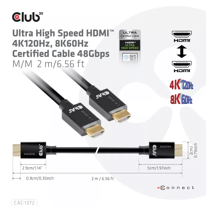 CLUB3D Ultra High Speed HDMI 4K120Hz, 8K60Hz sertifikuotas laidas 48Gbps M/M 2 m / 6.56 ft