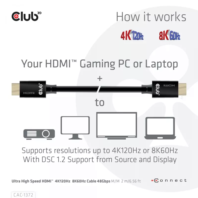 CLUB3D Ultra High Speed HDMI 4K120Hz, 8K60Hz sertifikuotas laidas 48Gbps M/M 2 m / 6.56 ft