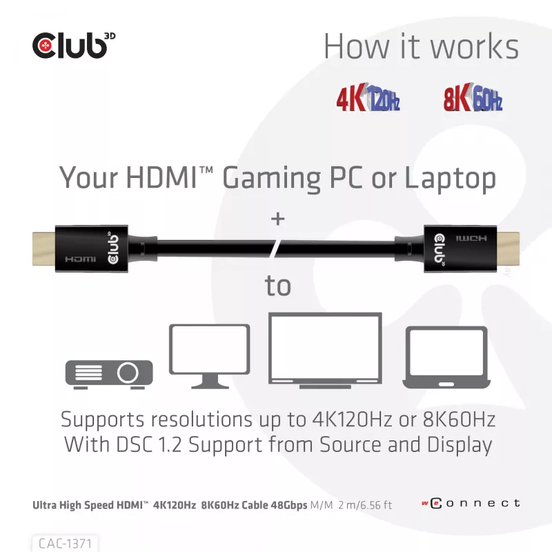 CLUB3D Ultra High Speed HDMI 4K120Hz, 8K60Hz sertifikuotas laidas 48Gbps M/M 1 m