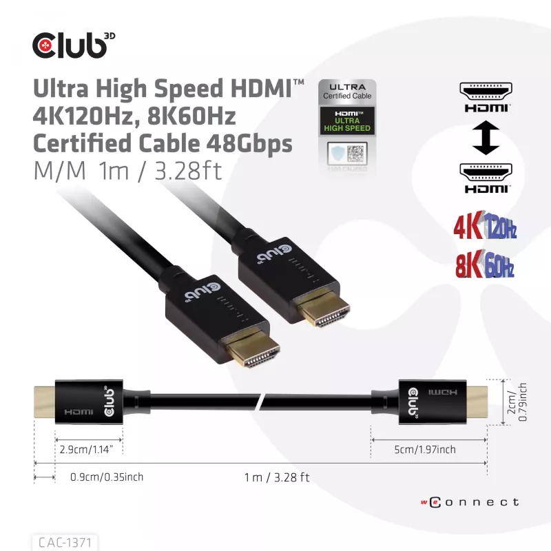 CLUB3D Ultra High Speed HDMI 4K120Hz, 8K60Hz sertifikuotas laidas 48Gbps M/M 1 m