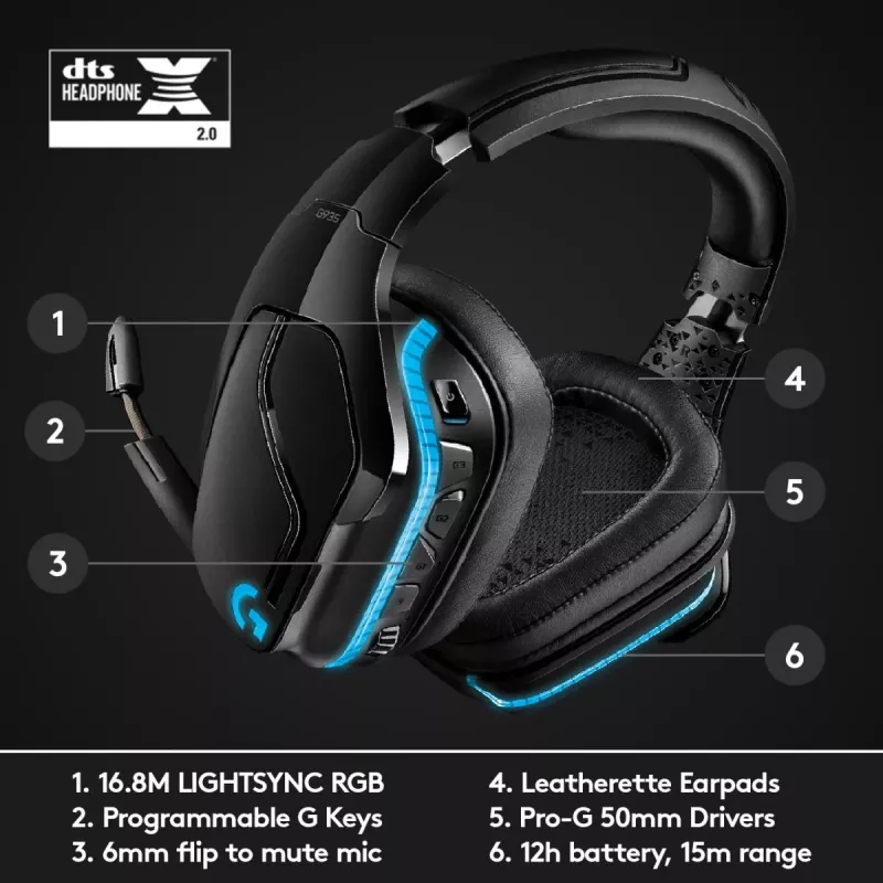 LOGITECH G935 Belaidės 7.1 erdvinio garso žaidimų ausinės su Lightsync RGB