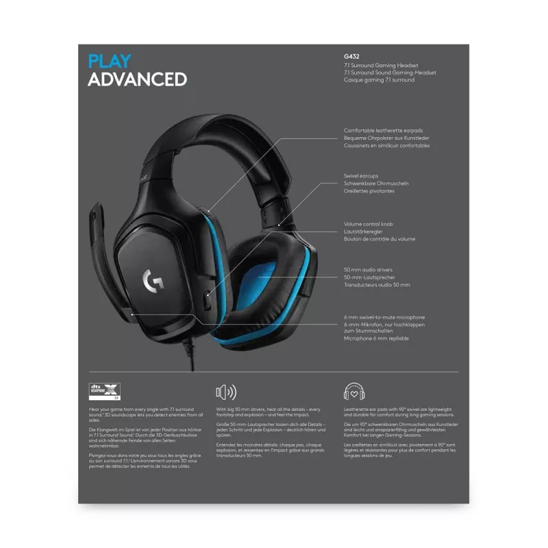 LOGITECH G432 – USB / 3,5 mm – žaidimų ausinės – 7.1 erdvinis garsas – Mėlyna