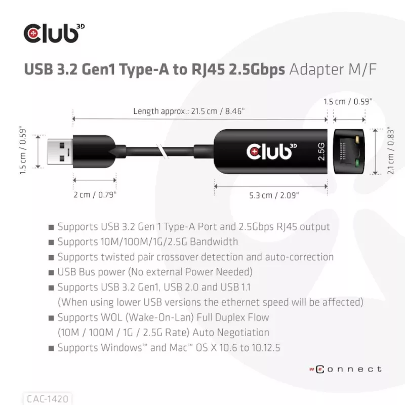 CLUB3D USB 3.2 Gen1 Type-A į RJ45 2,5 Gbps adapteris