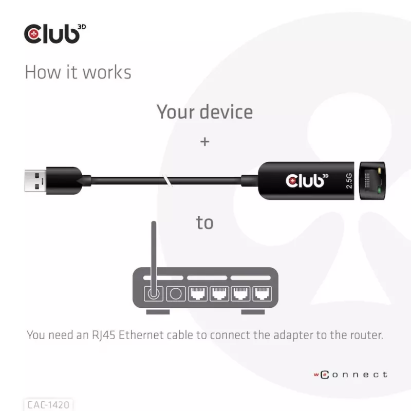CLUB3D USB 3.2 Gen1 Type-A į RJ45 2,5 Gbps adapteris