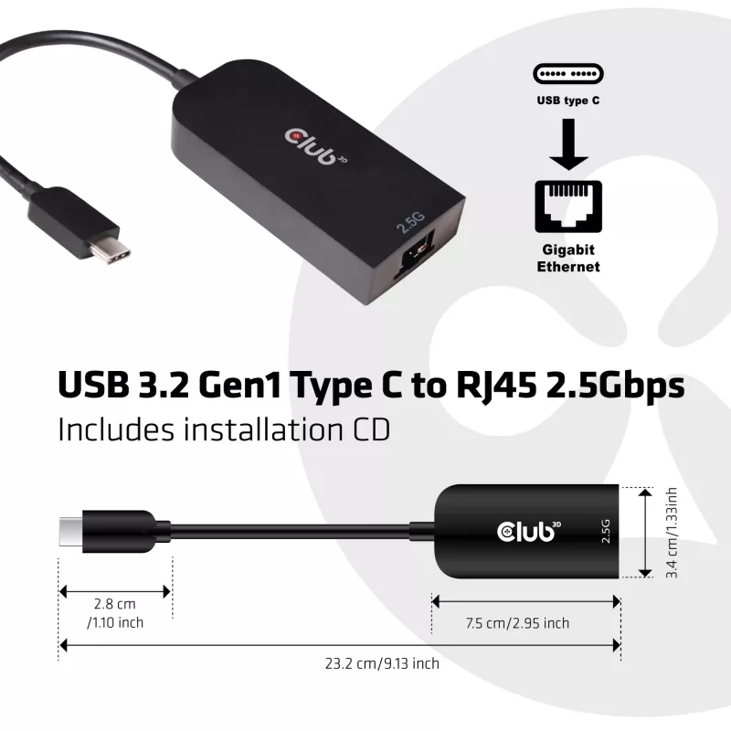 CLUB3D USB 3.2 Gen1 Type C į RJ45 2.5Gbps adapteris
