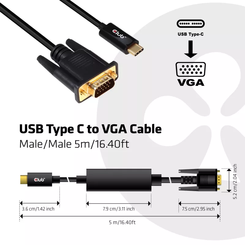 Aktyvus USB Type C į VGA laidas CLUB3D CAC-1512 5m