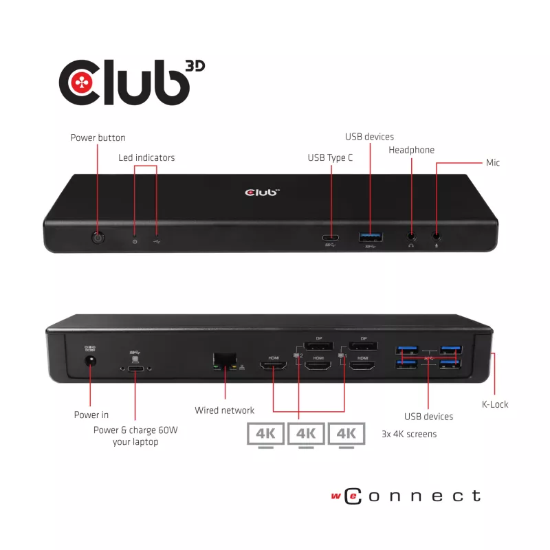 CLUB3D CSV-1562 USB-C 3.2 Gen1 universali dokų stotelė su 3x 4K30Hz ir įkrovimu