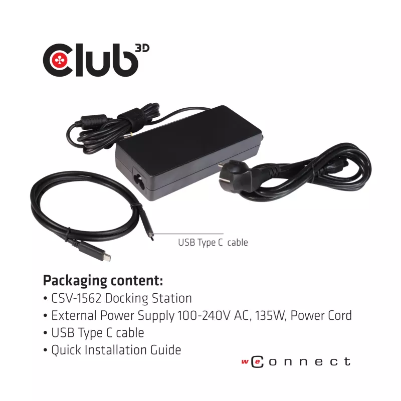 CLUB3D CSV-1562 USB-C 3.2 Gen1 universali dokų stotelė su 3x 4K30Hz ir įkrovimu