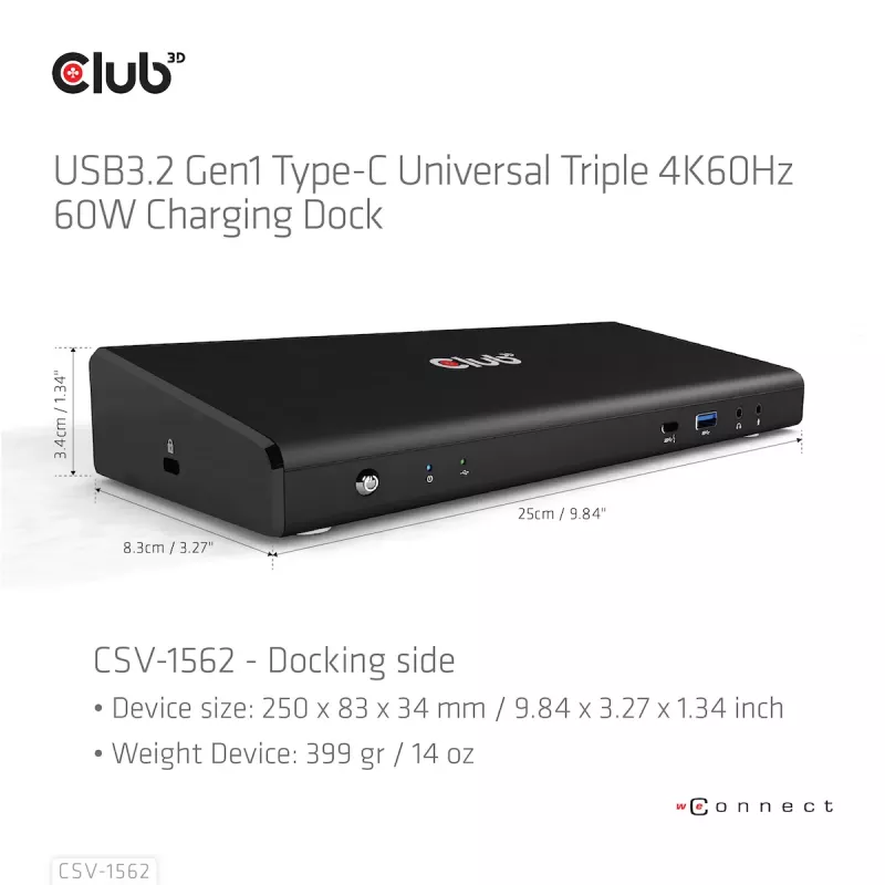 CLUB3D CSV-1562 USB-C 3.2 Gen1 universali dokų stotelė su 3x 4K30Hz ir įkrovimu
