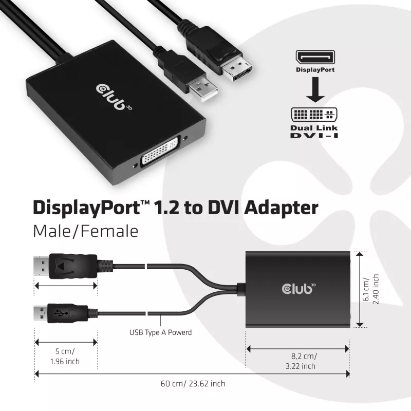 CLUB3D DisplayPort į Dual Link DVI-D HDCP ON versija aktyvus adapteris (M/F)