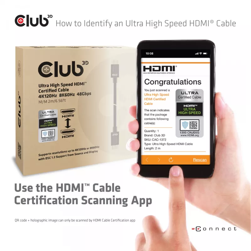 CLUB3D Ultra High Speed HDMI 4K120Hz, 8K60Hz laidas 48Gbps M/M 3 m