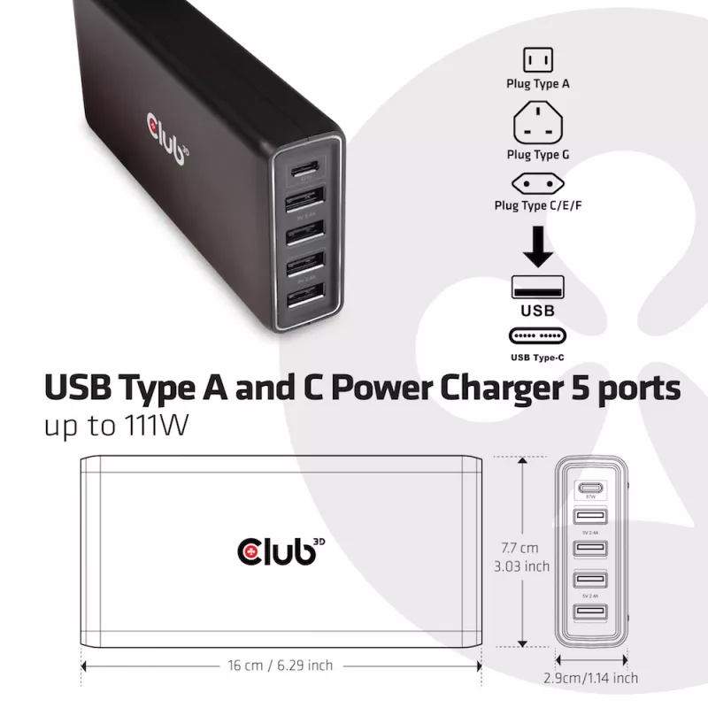 CLUB3D USB A ir C kroviklis, 5 prievadai, iki 111 W