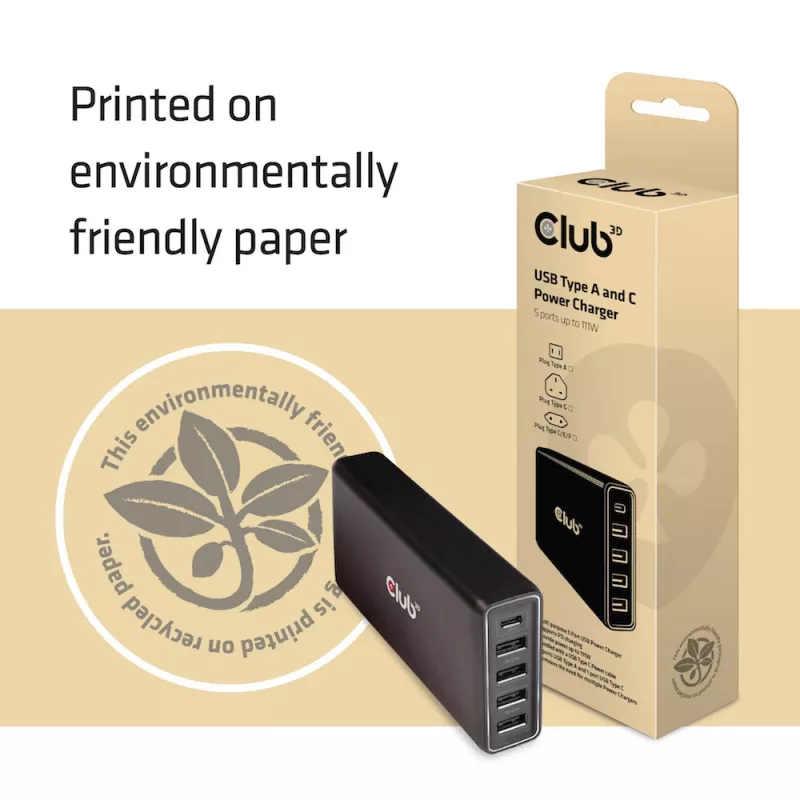 CLUB3D USB A ir C kroviklis, 5 prievadai, iki 111 W