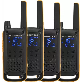 Motorola Talkabout T82 Extreme Quad Pack – 4× racijos, 16 kanalų, IPX4, 500 mW, įkraunamos NiMH baterijos, micro-USB