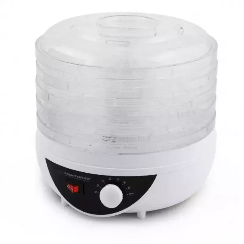 Džiovintuvas maistui ESPERANZA EKD002 – 5 padėklai, 250 W, reguliuojamas termostatas, max 75°C, permatomas baltas