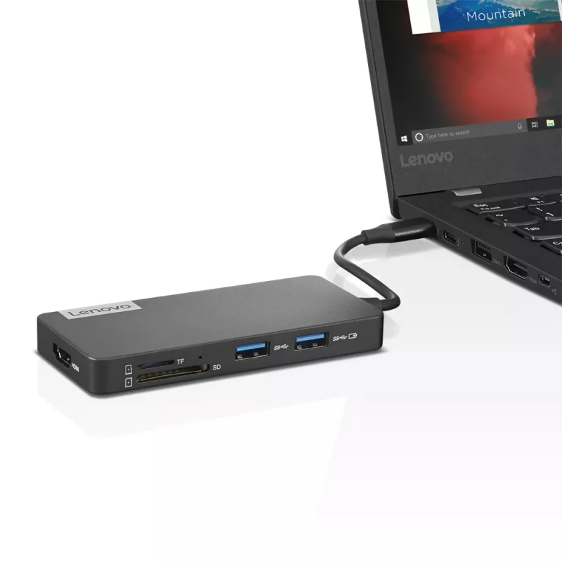 Docking stotelė Lenovo GX90T77924 – USB-C centras su HDMI 1.4, 2×USB-A 3.2 Gen1, USB 2.0, microSD kortelių skaitytuvu, pilka
