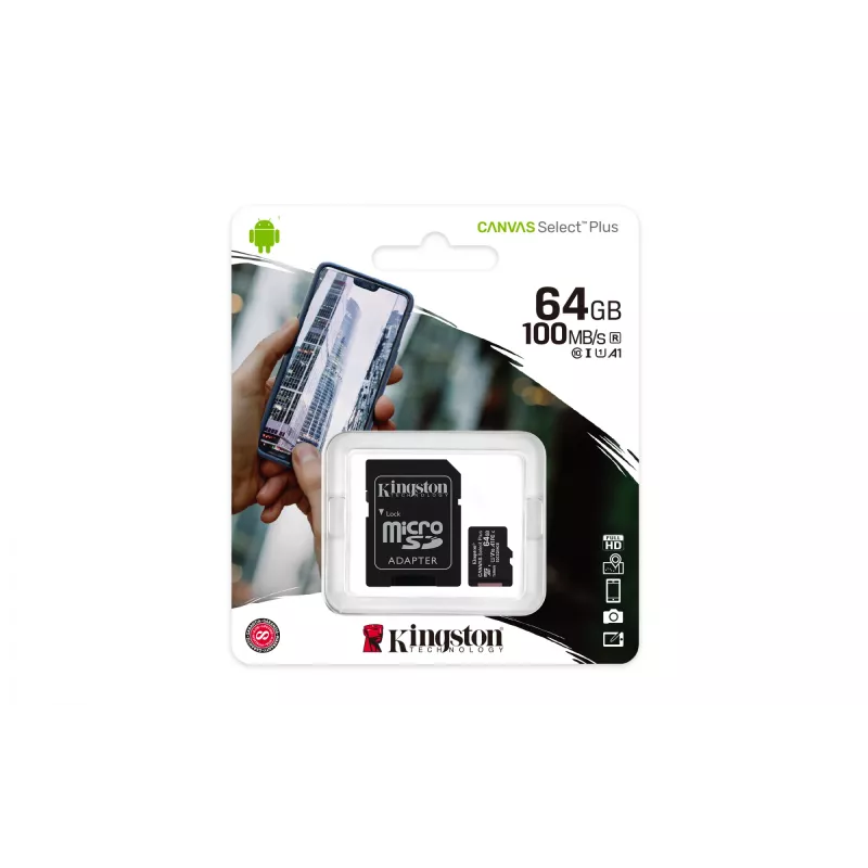 Kingston Canvas Select Plus 64GB microSDXC A1 C10 atminties kortelė + adapteris
