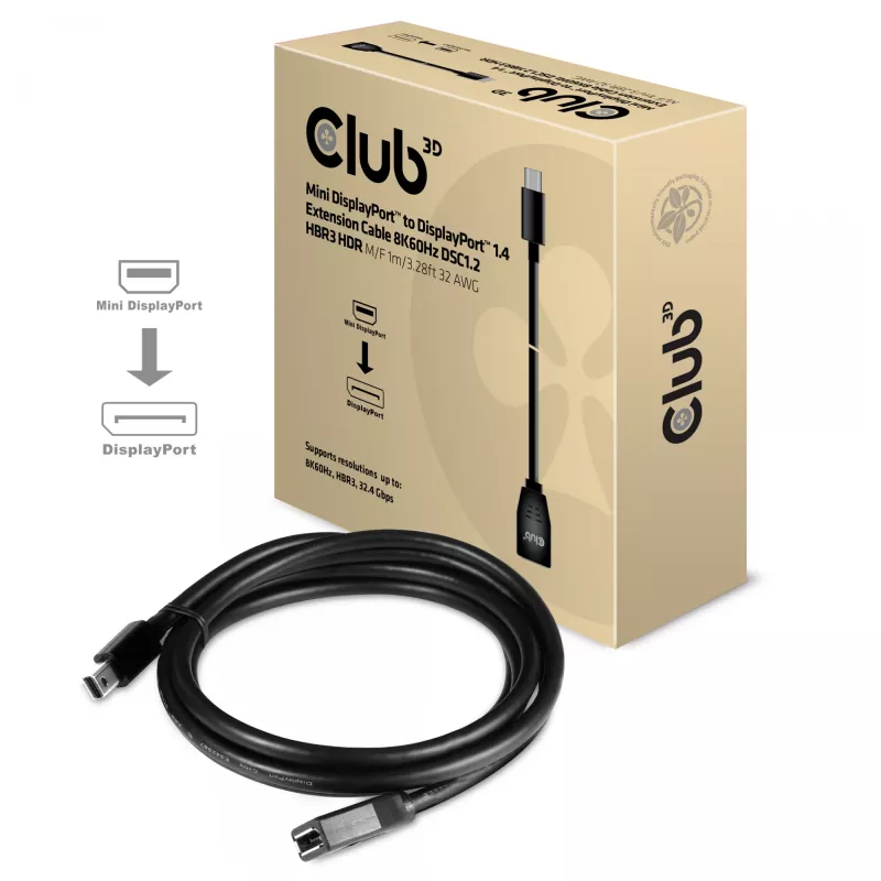 CLUB3D Mini DisplayPort į DisplayPort 1.4 ilginimo laidas 8K60Hz DSC1.2 HBR3 HDR M/F 1m