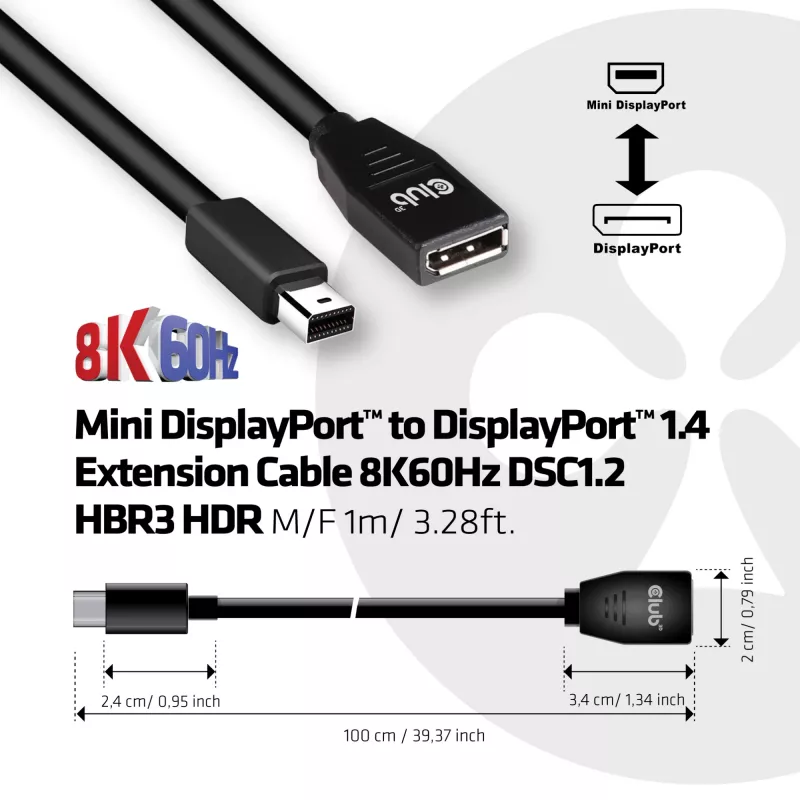 CLUB3D Mini DisplayPort į DisplayPort 1.4 ilginimo laidas 8K60Hz DSC1.2 HBR3 HDR M/F 1m