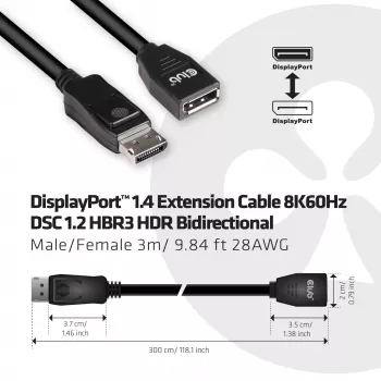 CLUB3D DisplayPort 1.4 ilginimo laidas 8K60Hz DSC 1.2 HBR3 HDR abipusis M/F 3m