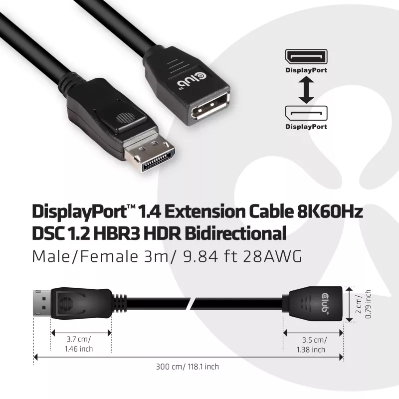 CLUB3D DisplayPort 1.4 ilginimo laidas 8K60Hz DSC 1.2 HBR3 HDR abipusis M/F 3m