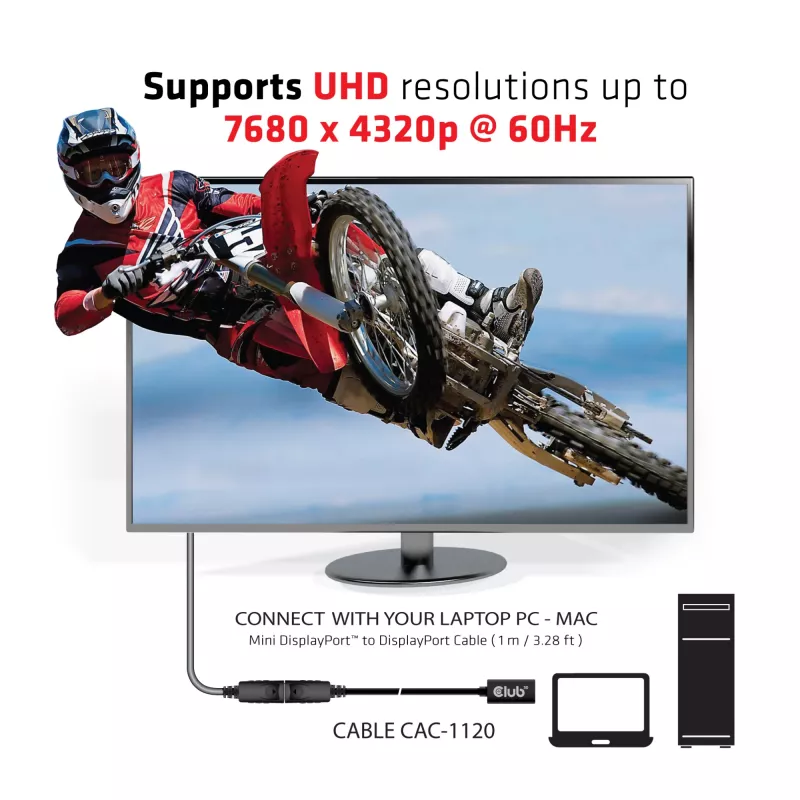 CLUB3D Mini DisplayPort 1.4 į DisplayPort ilginimo laidas 8K60Hz DSC 1.2 HBR3 HDR dvipusis F/M 1m/3.28ft