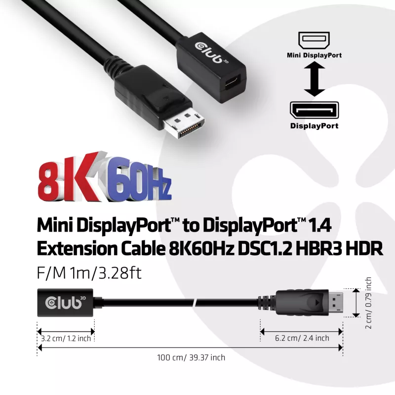 CLUB3D Mini DisplayPort 1.4 į DisplayPort ilginimo laidas 8K60Hz DSC 1.2 HBR3 HDR dvipusis F/M 1m/3.28ft
