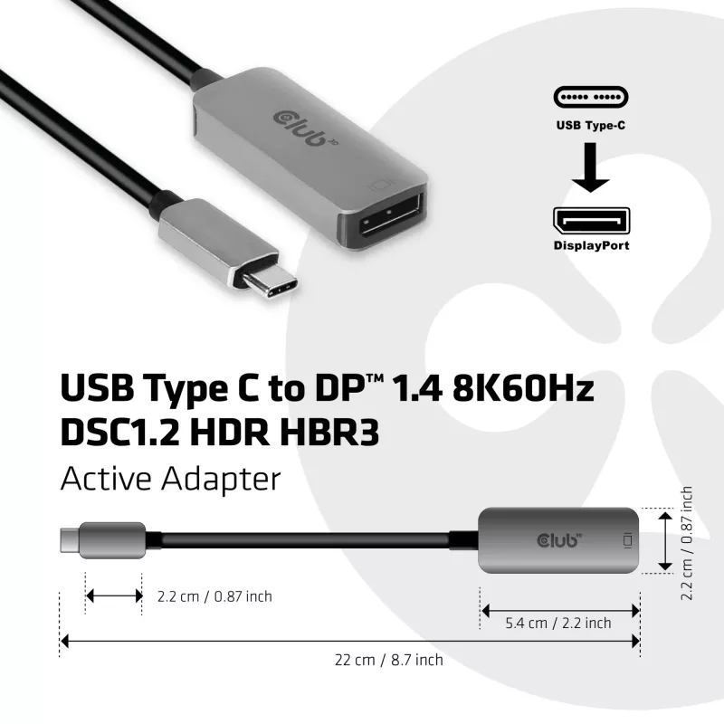 CLUB3D USB Type C į DisplayPort 1.4 8K60Hz HBR3 aktyvus adapteris