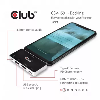 CLUB3D USB Type C 4-in-1 Hub HDMI 4K60Hz USB Type C PD / USB Type A / Aus prievadas