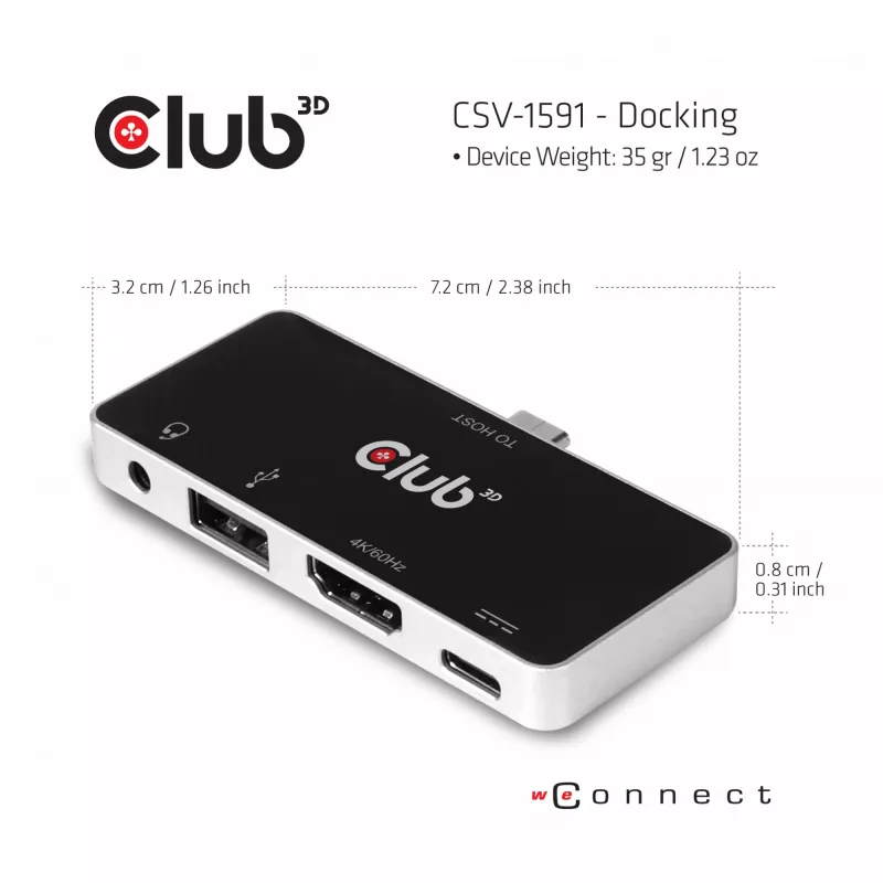 CLUB3D USB Type C 4-in-1 Hub HDMI 4K60Hz USB Type C PD / USB Type A / Aus prievadas