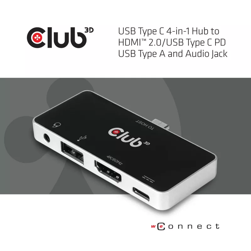 CLUB3D USB Type C 4-in-1 Hub HDMI 4K60Hz USB Type C PD / USB Type A / Aus prievadas