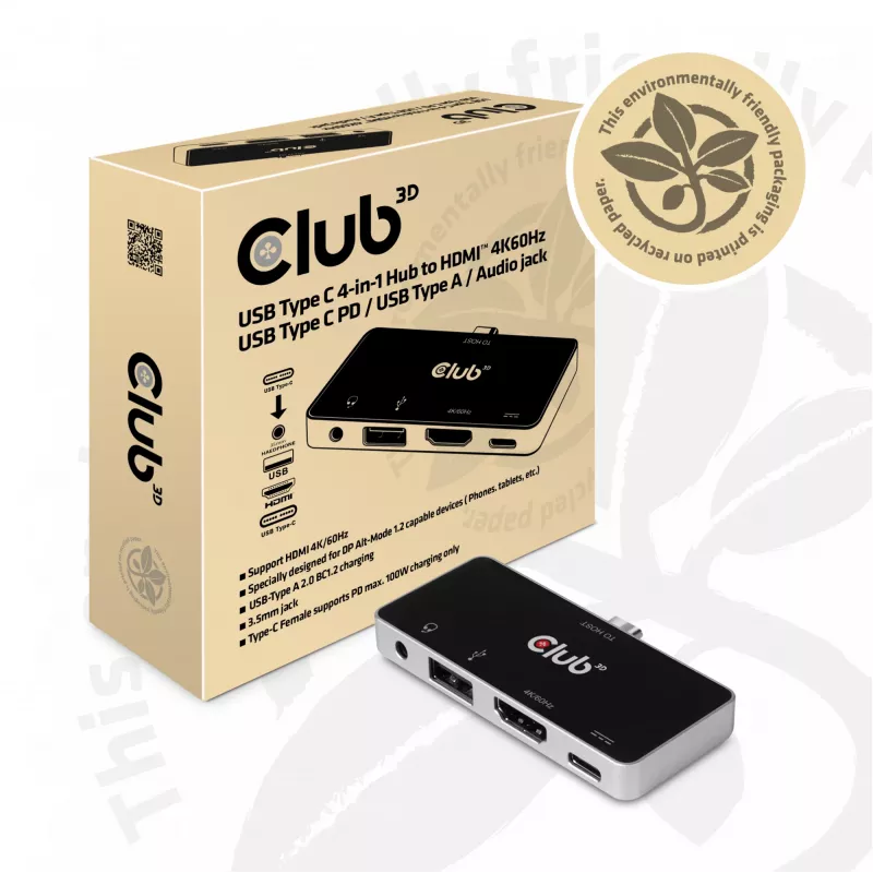 CLUB3D USB Type C 4-in-1 Hub HDMI 4K60Hz USB Type C PD / USB Type A / Aus prievadas