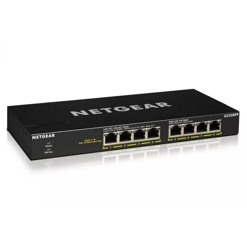 NETGEAR GS308PP nevaldomas Gigabit Ethernet (10/100/1000) jungiklis su PoE, juodas