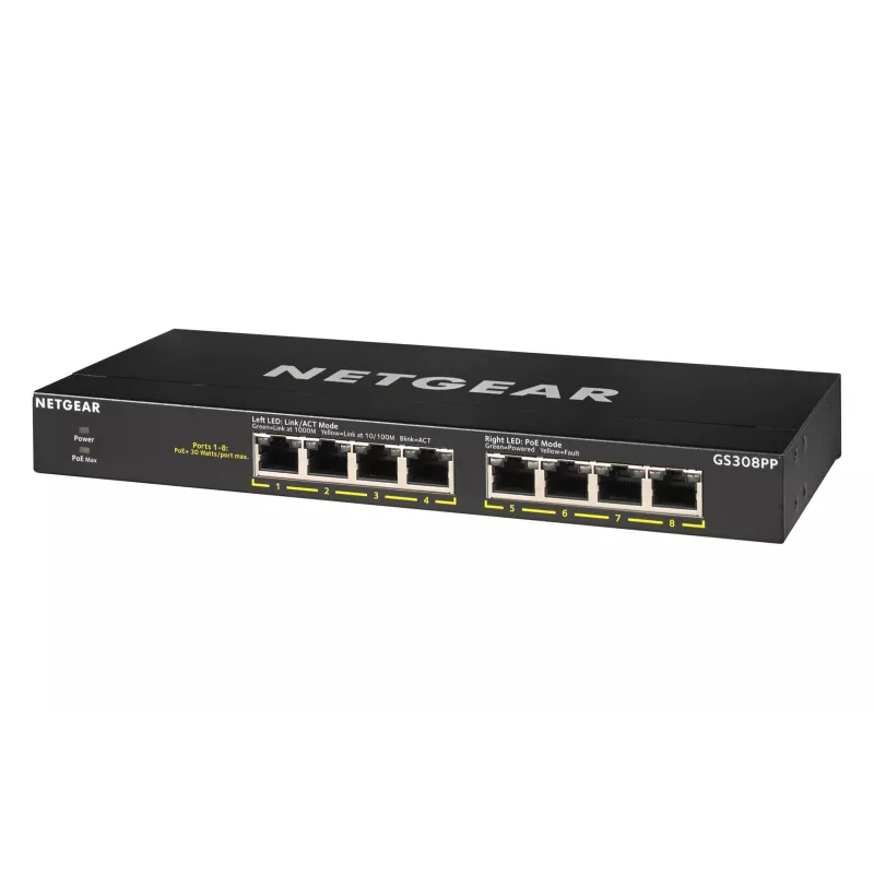 NETGEAR GS308PP nevaldomas Gigabit Ethernet (10/100/1000) jungiklis su PoE, juodas