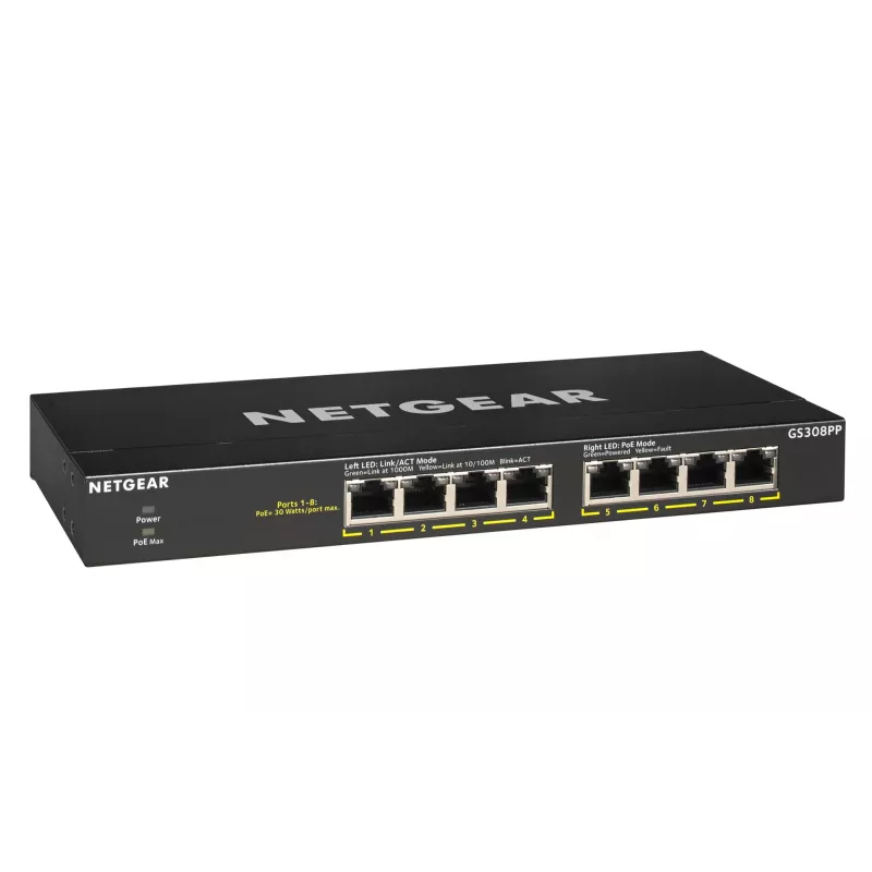 NETGEAR GS308PP nevaldomas Gigabit Ethernet (10/100/1000) jungiklis su PoE, juodas