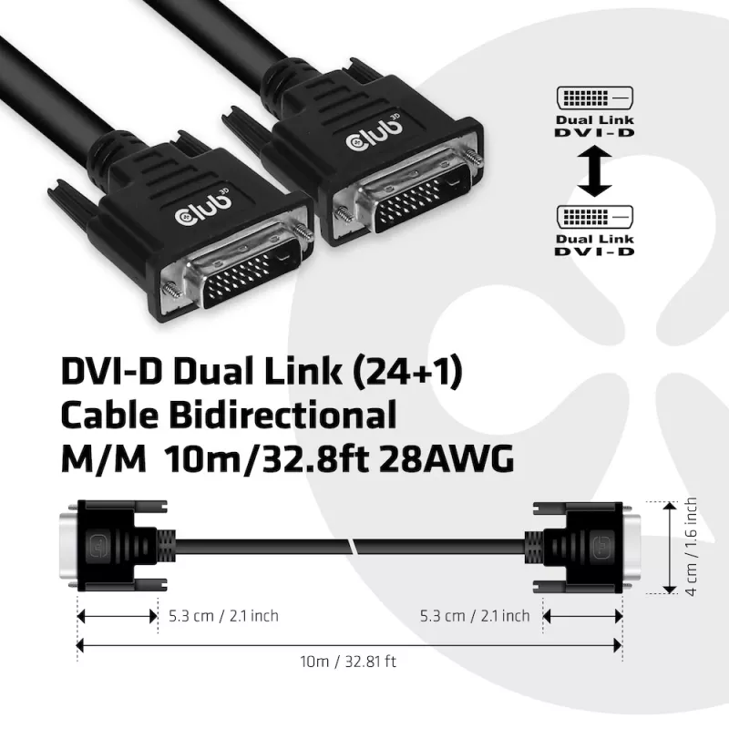 CLUB3D DVI-D Dual Link laidas 24+1 kištukas-kištukas 10 m / 32,8 pėdų 28AWG