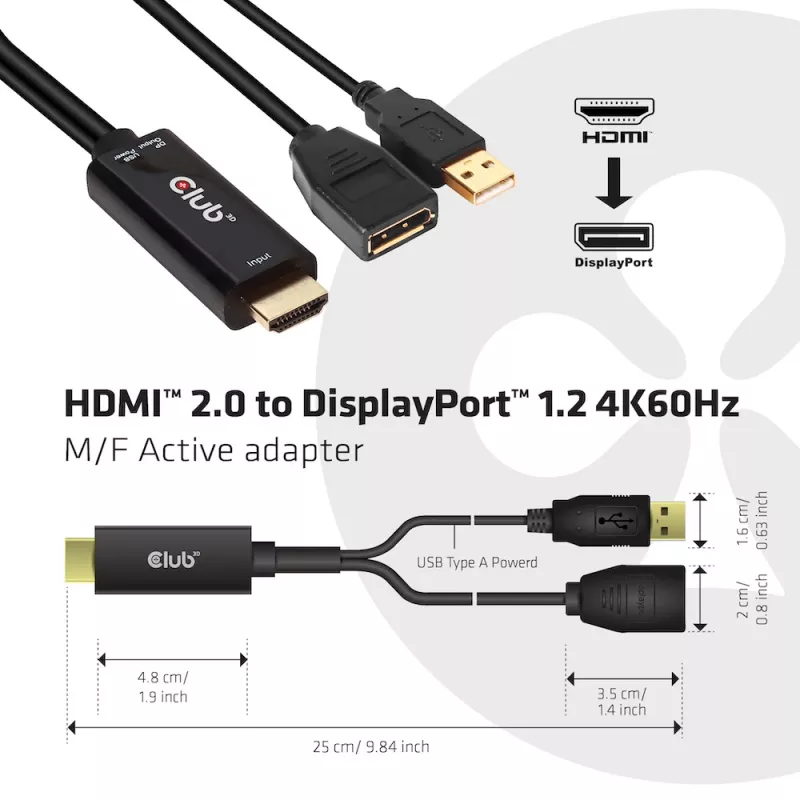 CLUB3D CAC-1331 aktyvus HDMI į DisplayPort adapteris 0,25 m juodas