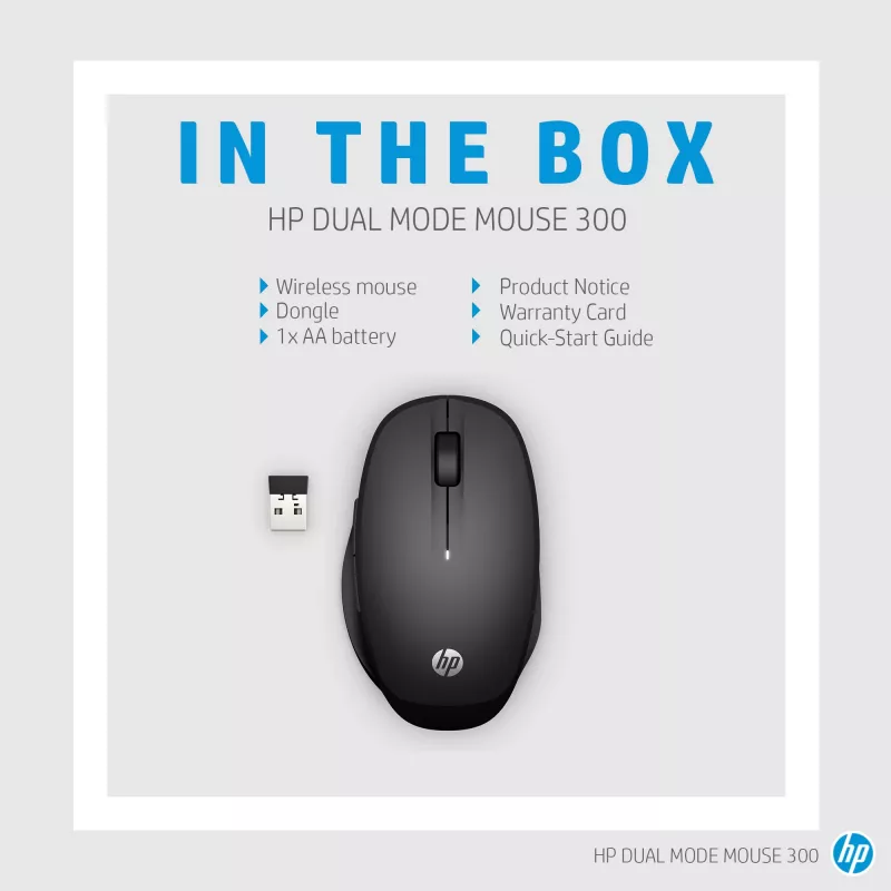 HP Dual Mode Black Mouse 300, dešinei rankai, optinis, RF belaidis, 3600 DPI, juoda