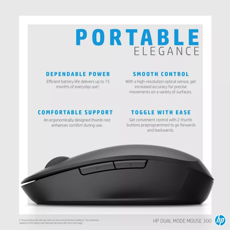 HP Dual Mode Black Mouse 300, dešinei rankai, optinis, RF belaidis, 3600 DPI, juoda