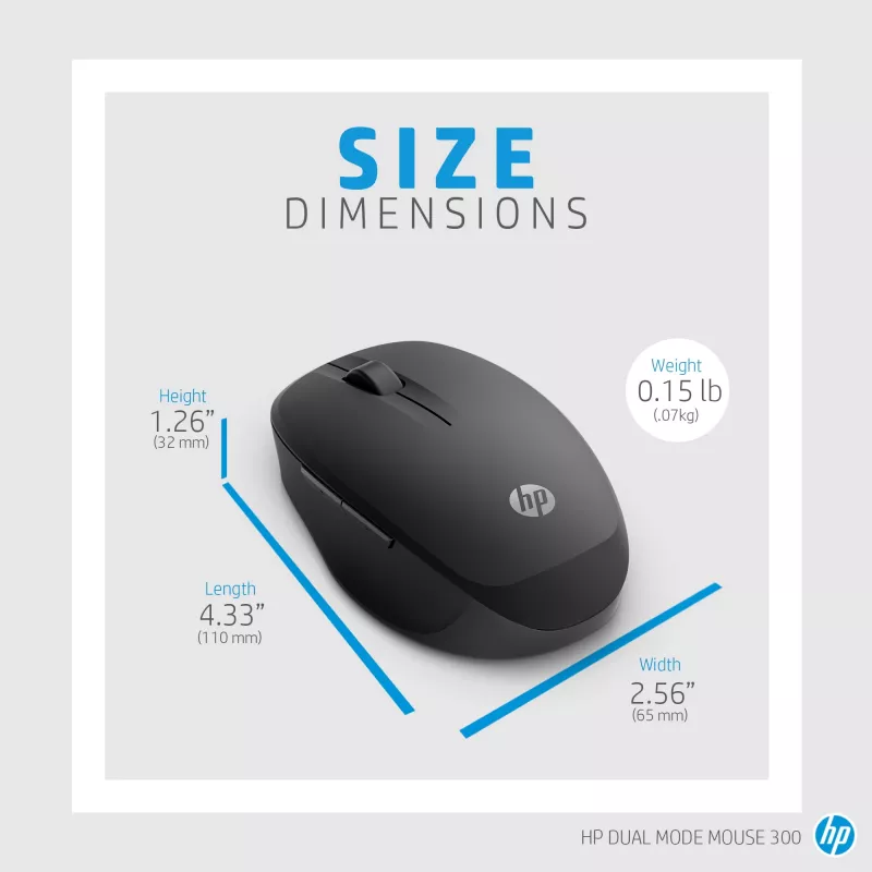 HP Dual Mode Black Mouse 300, dešinei rankai, optinis, RF belaidis, 3600 DPI, juoda