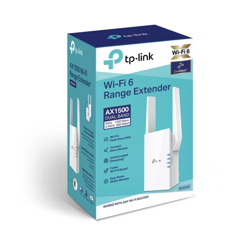 TP-Link RE505X belaidžio tinklo stiprintuvas, Wi-Fi 6, AX1500, dual-band, Gigabit Ethernet, baltas