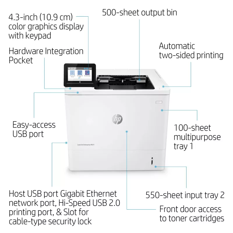 HP LaserJet Enterprise M611dn spausdintuvas, lazerinis, 1200 x 1200 DPI, A4, 61 ppm, dvipusis spausdinimas, tinklo paruoštas