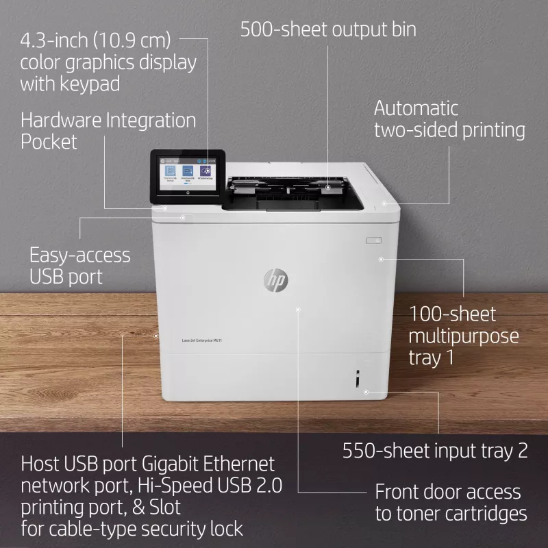 HP LaserJet Enterprise M611dn spausdintuvas, lazerinis, 1200 x 1200 DPI, A4, 61 ppm, dvipusis spausdinimas, tinklo paruoštas