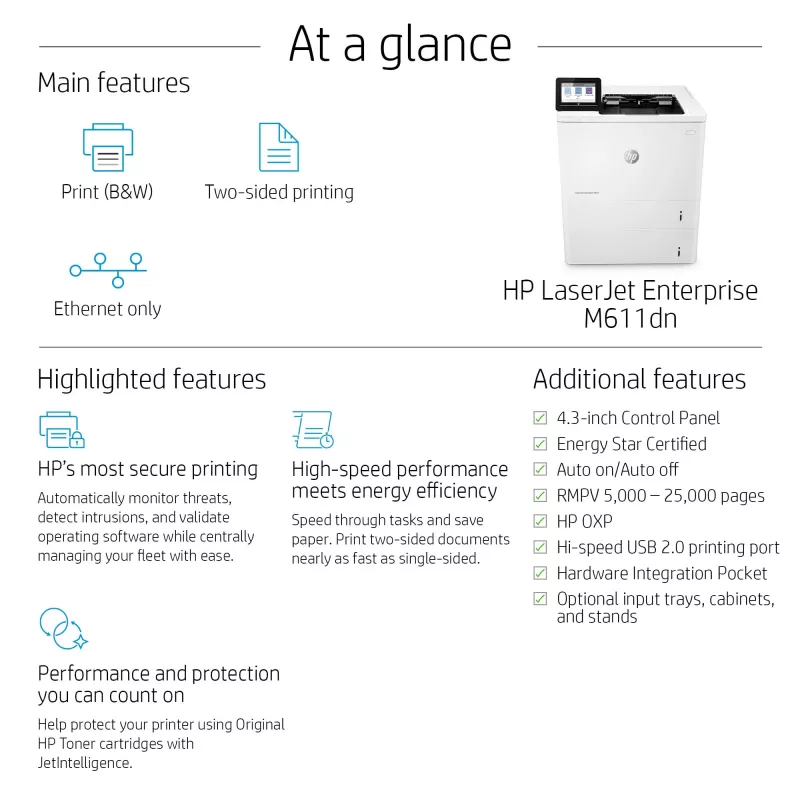 HP LaserJet Enterprise M611dn spausdintuvas, lazerinis, 1200 x 1200 DPI, A4, 61 ppm, dvipusis spausdinimas, tinklo paruoštas