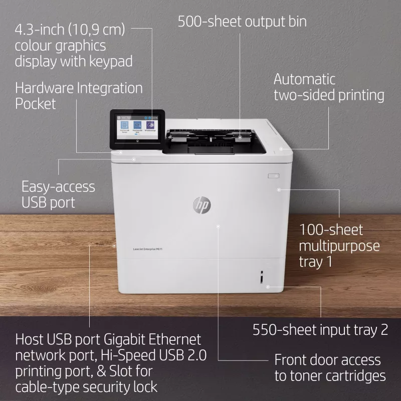 HP LaserJet Enterprise M611dn spausdintuvas, lazerinis, 1200 x 1200 DPI, A4, 61 ppm, dvipusis spausdinimas, tinklo paruoštas