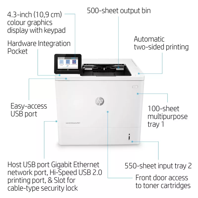 HP LaserJet Enterprise M611dn spausdintuvas, lazerinis, 1200 x 1200 DPI, A4, 61 ppm, dvipusis spausdinimas, tinklo paruoštas