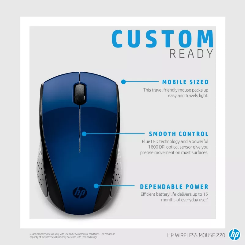HP belaidė pelė 220 (Lumiere Blue), ambidekstrinė, RF belaidė, mėlyna
