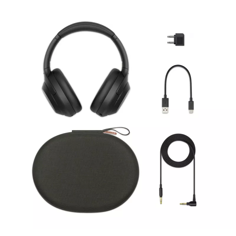 Sony WH-1000XM4 belaidės ausinės ant galvos, juodos